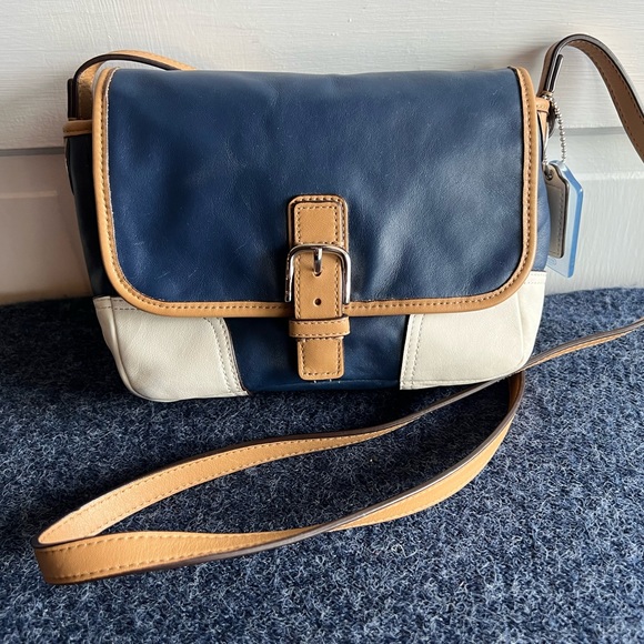 Coach Crossbody Bag Blue Tan and White Leather - Picture 1 of 11